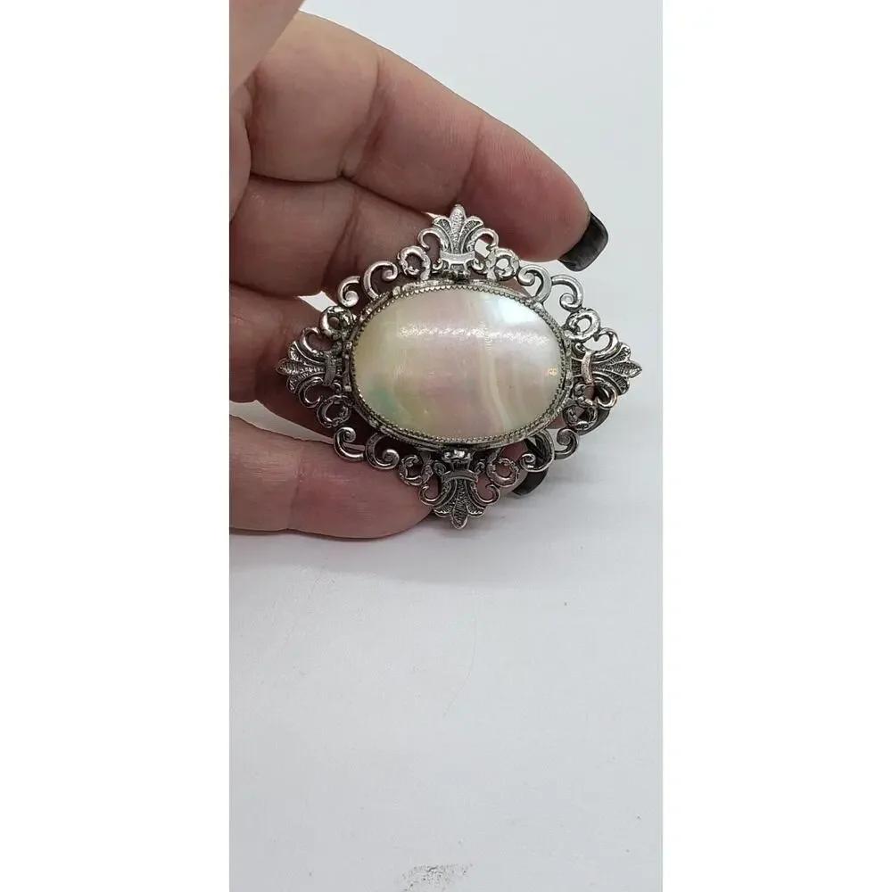 Vintage Whiting Davis Mother of Pearl Brooch Victorian Revival Silver Filagree
